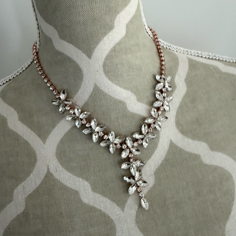 Crystal Floral Drop Necklace - Rose Gold and Clear Stones